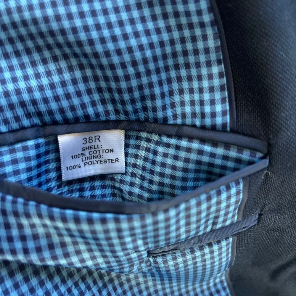 Saddlebred Blazer Mens 38R Navy Blue Cotton Two Button Gingham Preppy Academia